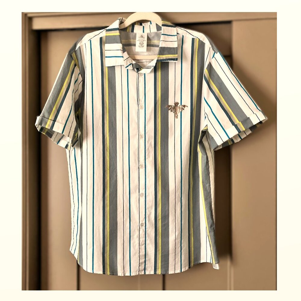 Disney Haunted Mansion White Green Stripe Cotton Shirt Madame Leota Men's L EUC